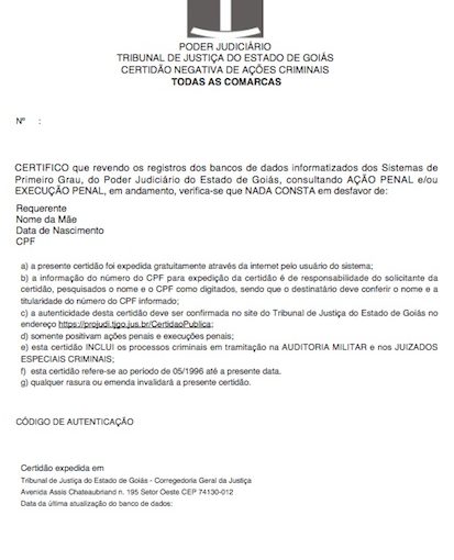 Como tirar a Certidão de Antecedentes Criminais em Goiás