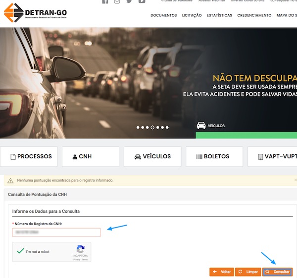 Pesquisa de pontos da CNH agora pode ser feita online pelo site do Detran-GO (reprodução)