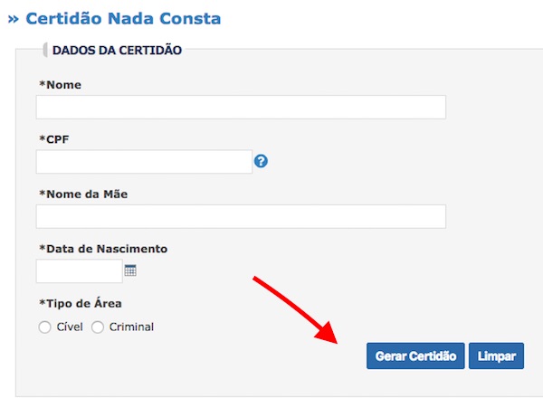 O Atestado de Bons Antecedentes Criminais será gerado após preencher o formulário com os dados do requerente.